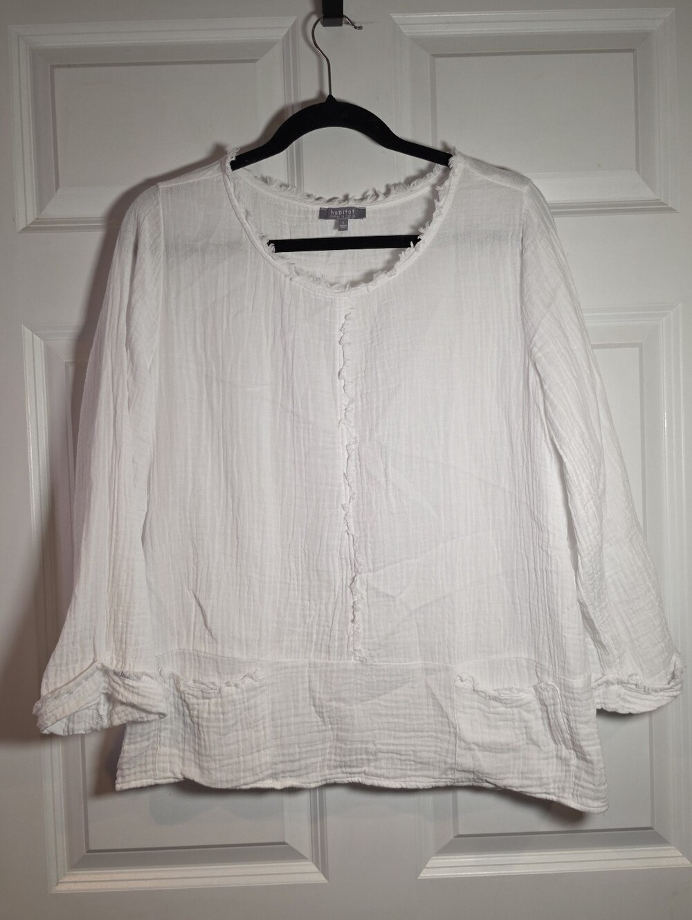Habitat White Gauze Round Neck Roll Sleeve Cotton Top S